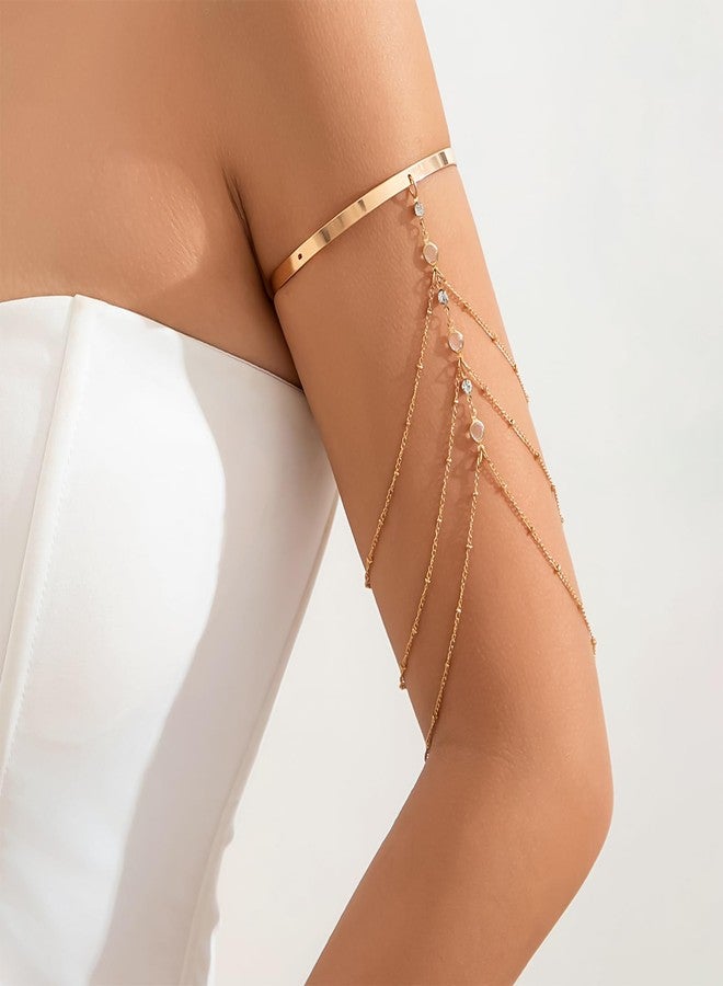 Rannyrena Punk Multi-layered Tassel Chain Upper Arm Cuff Bohemian Star Shell Disc Flower Pendant Armlet Bangle Bracelet Adjustable Open Cuff Armband Beach Wedding Prom Party Arm Accessories for Women (Gold crystal 3) - Image 2